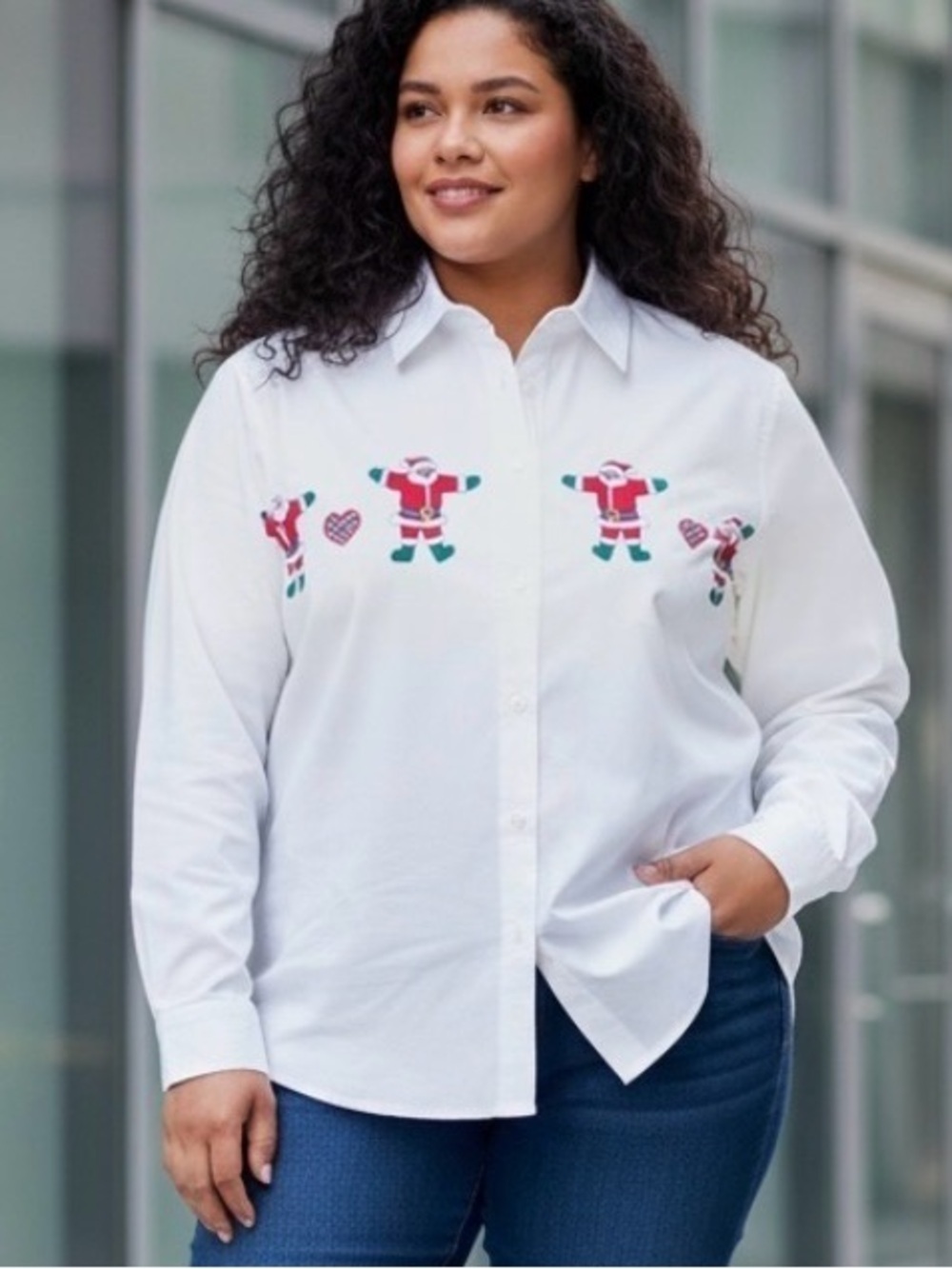 2 pc - Festive White Button Up Shirts with Santa & Teddy Bear Embroidery